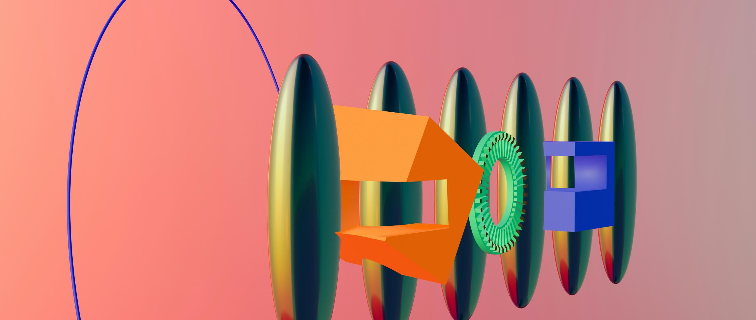 Modern 3D geometric design showing ovals connected by flowing colored objects