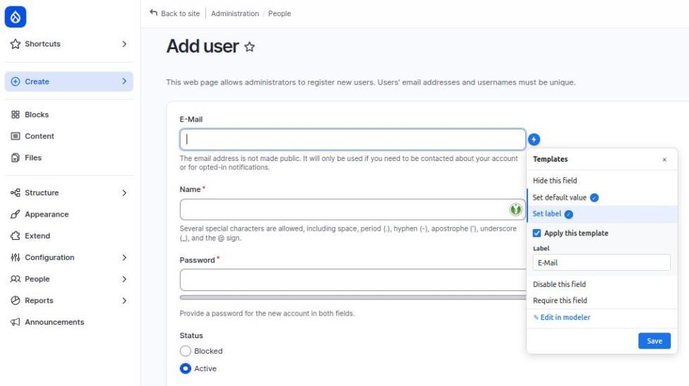 Template picker menu with configuration fields