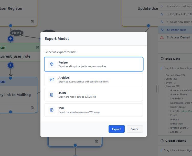 Export menu showing all four format options
