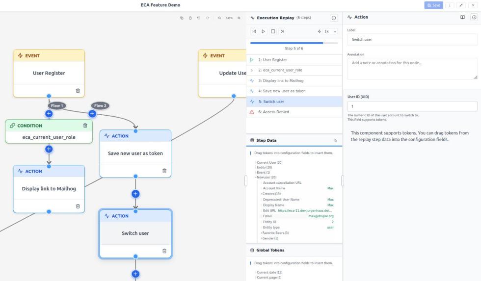 Replay panel showing execution timeline with token values at each step