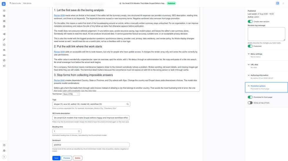 Article form with summary, SEO description, reading time, sentiment, and keyword fields.
