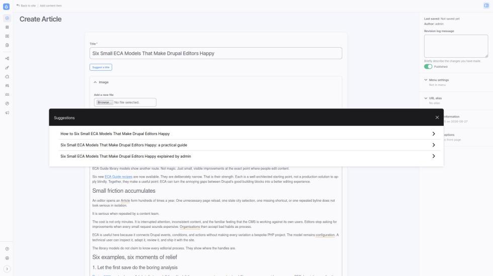 Title field with an action menu containing three suggested titles.
