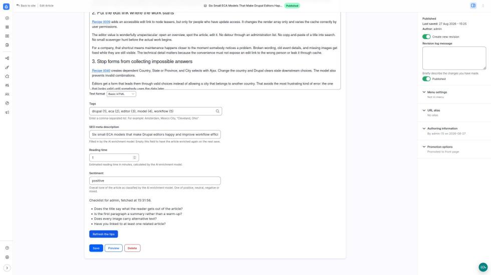 Article editing form showing a writing tips button and an inline panel with editorial guidance.
