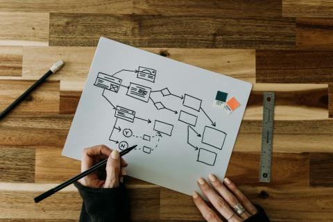 Hand-drawn diagram on paper on top of a wooden table